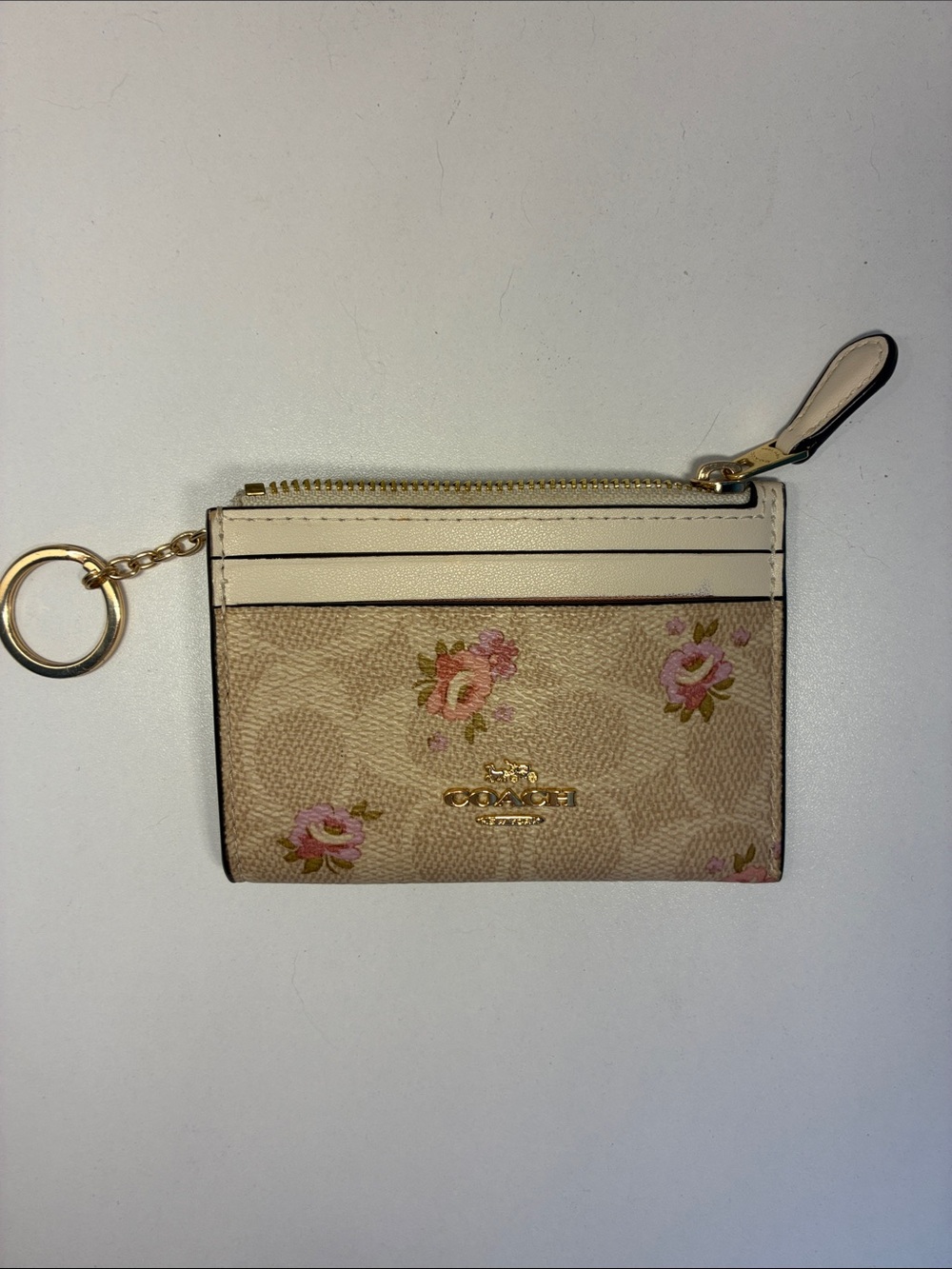 Coach Floral Signature Zip Card Holder Keyring in Cream and Pink